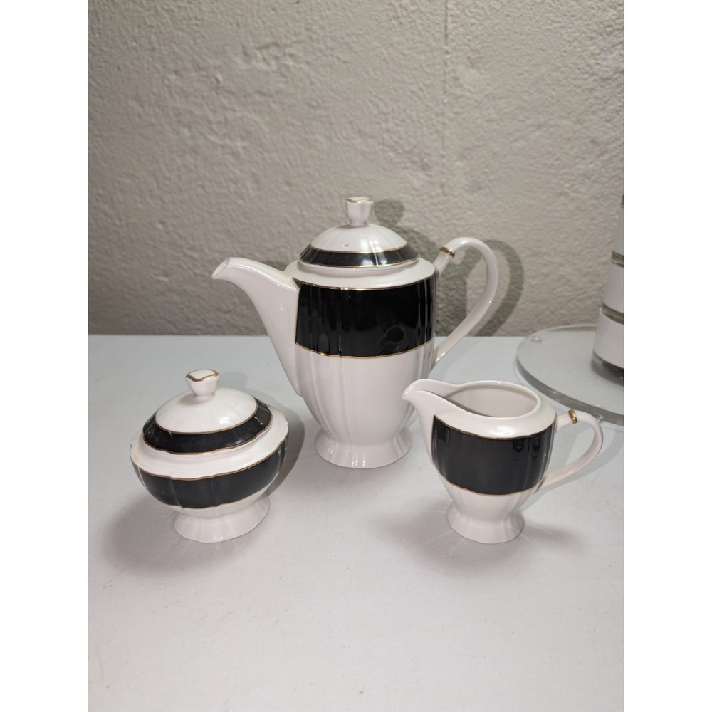 Ralph Lauren Harwick Coffee Pot Tea Set 3‎ Piece Black White Gold Thailand 9"